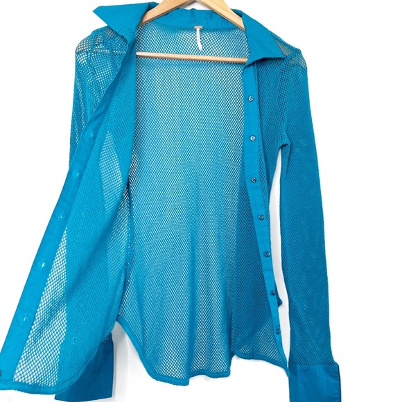 Free People Teal Blue Mesh Button Down Long Sleeve Sheer Cotton Top Size S/P - Picture 3 of 8